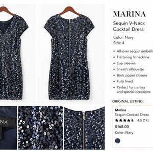Marina Navy Sequin Cocktail Dress Size 4 V-Neck Cap Sleeve Party Dress